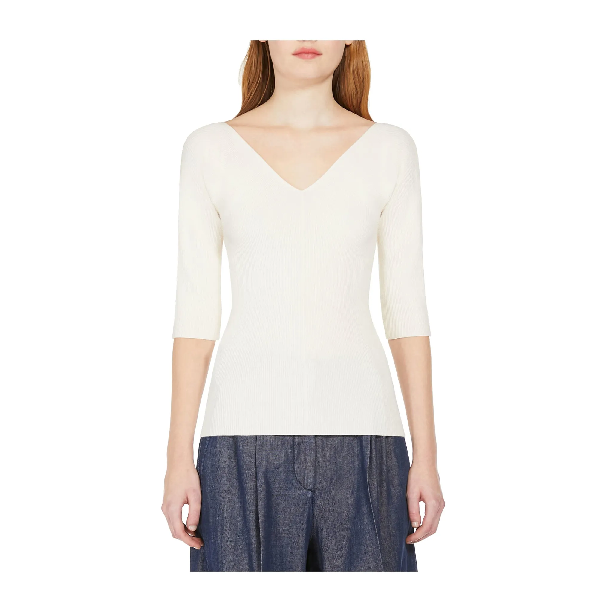 Maglia Donna a V in viscosa a coste Ecru