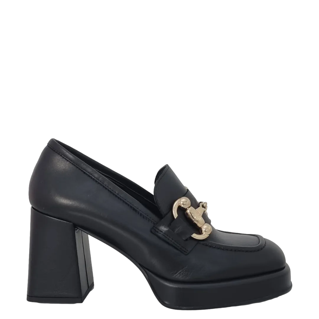 Mocassini con accessorio oro tacco e plateau basso in pelle nero F/W