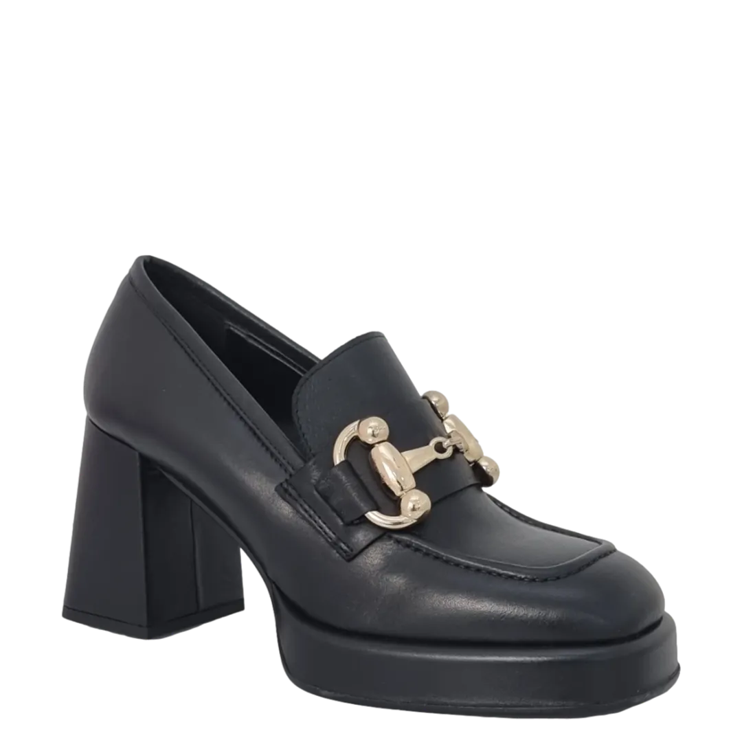 Mocassini con accessorio oro tacco e plateau basso in pelle nero F/W