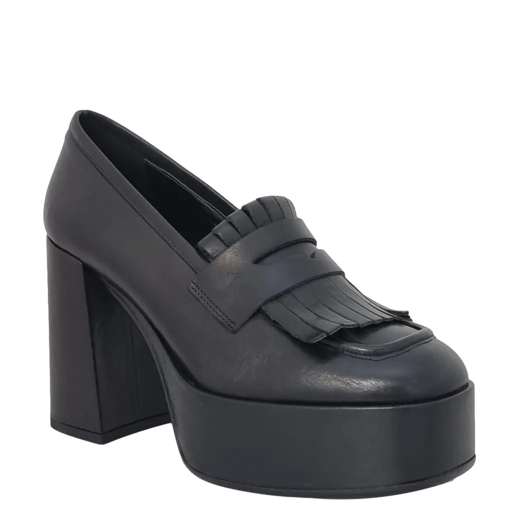 Mocassini con frange tacco e plateau alto in pelle nero F/W
