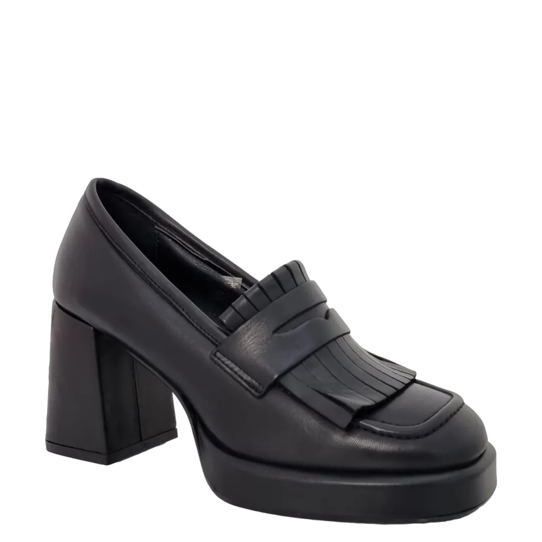 Mocassini con frange tacco e plateau basso in pelle nero F/W