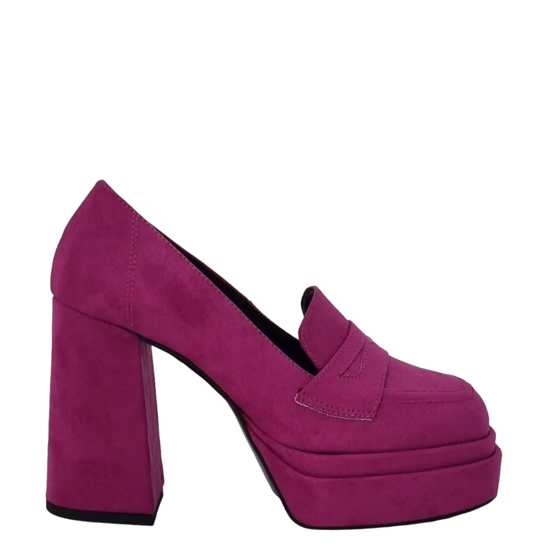 Mocassini con tacco e doppio plateau in camoscio fuxia F/W