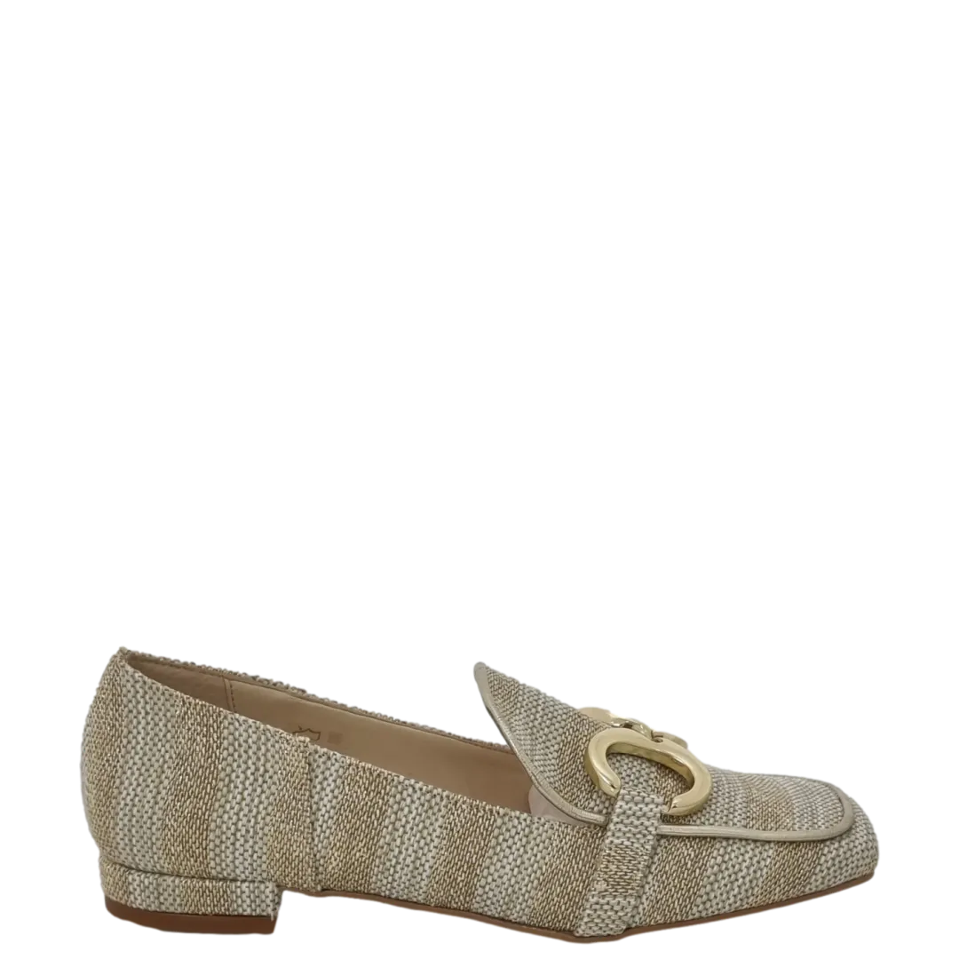 Mocassini rafia beige oro con tacco basso punta quadrata e accessorio