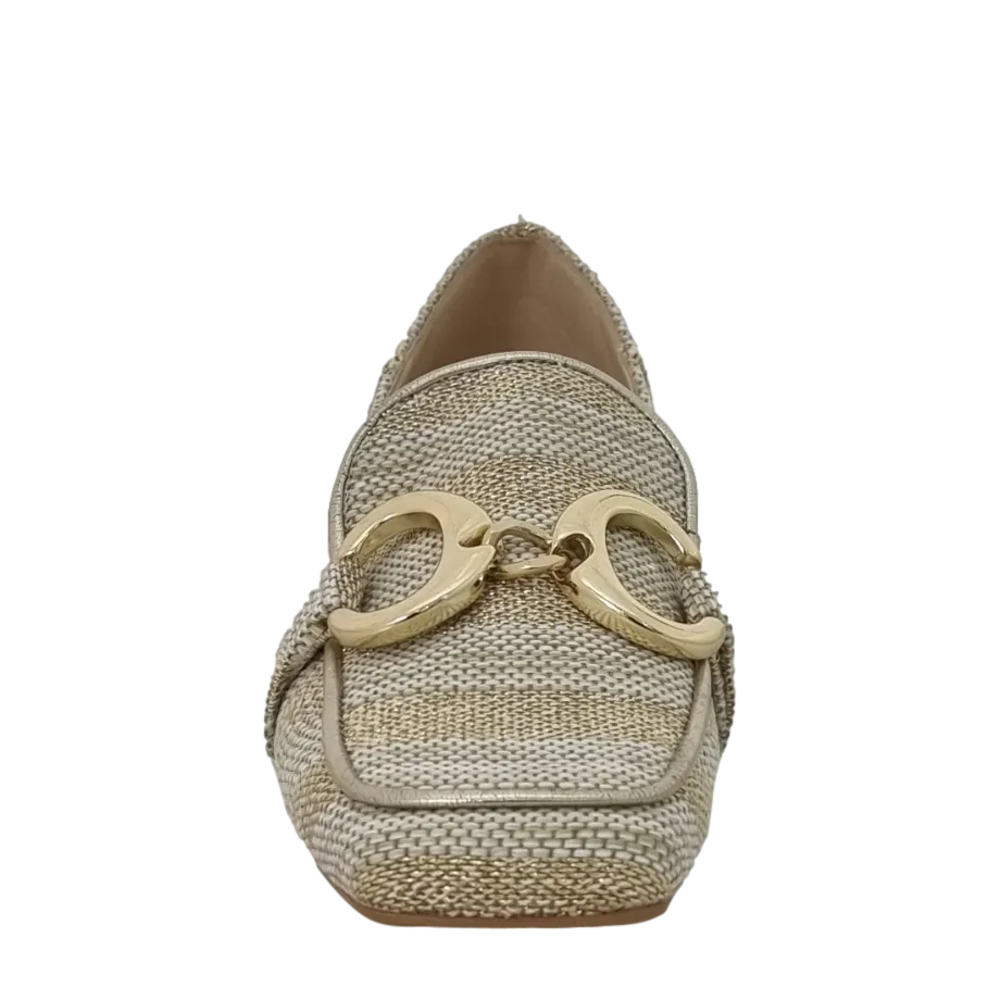 Mocassini rafia beige oro con tacco basso punta quadrata e accessorio