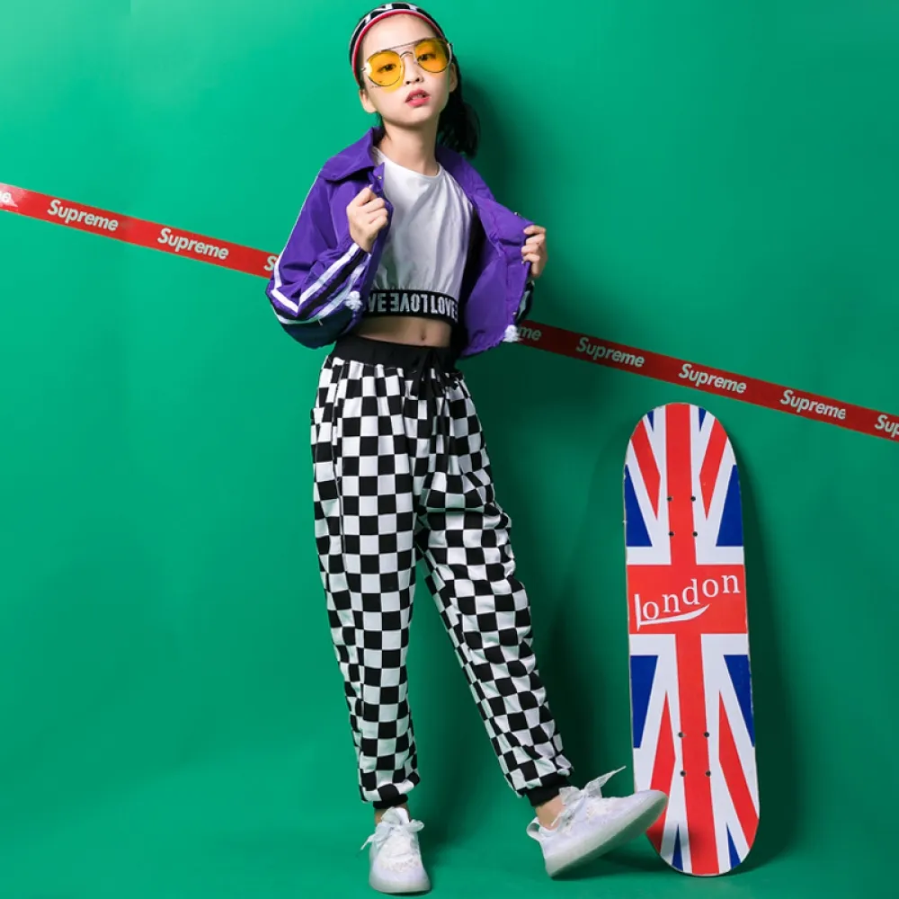 Nuovo set di batteria per ragazze con giacca a maniche lunghe jazz viola per bambini e hip-hop sciolto moda di strada