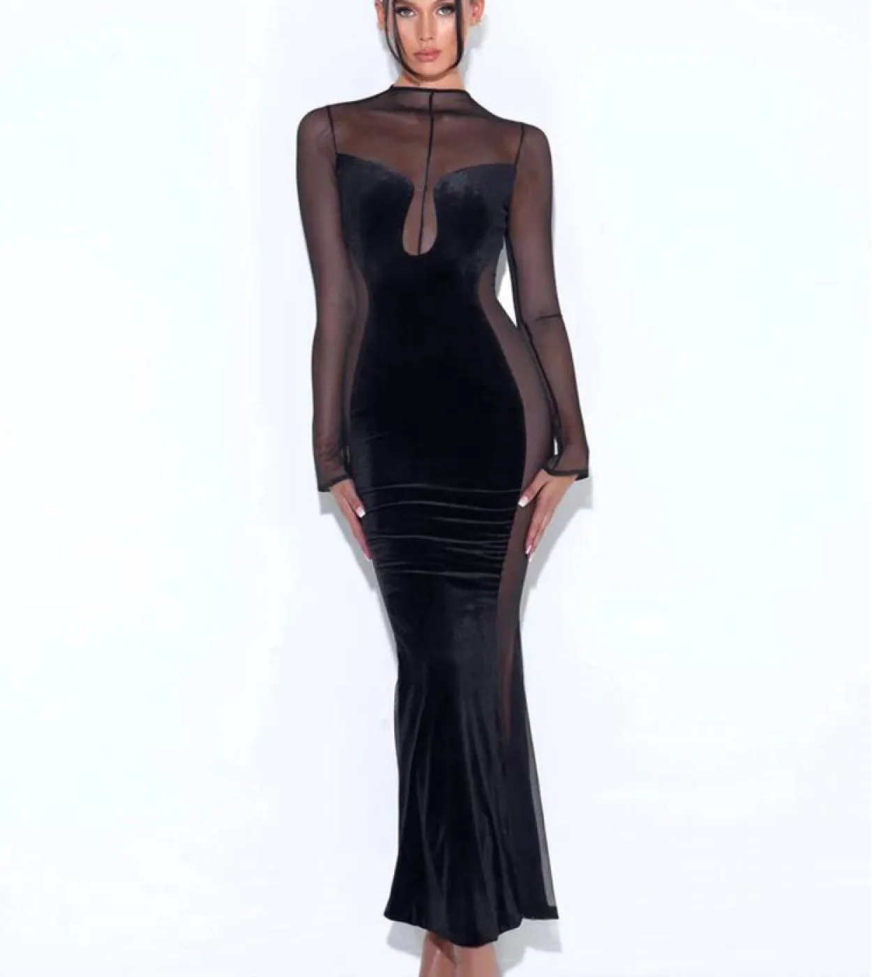 O collo a maniche lunghe in maglia patchwork abito lungo autunno elegante velluto nero sirena abito lungo da sera club party
