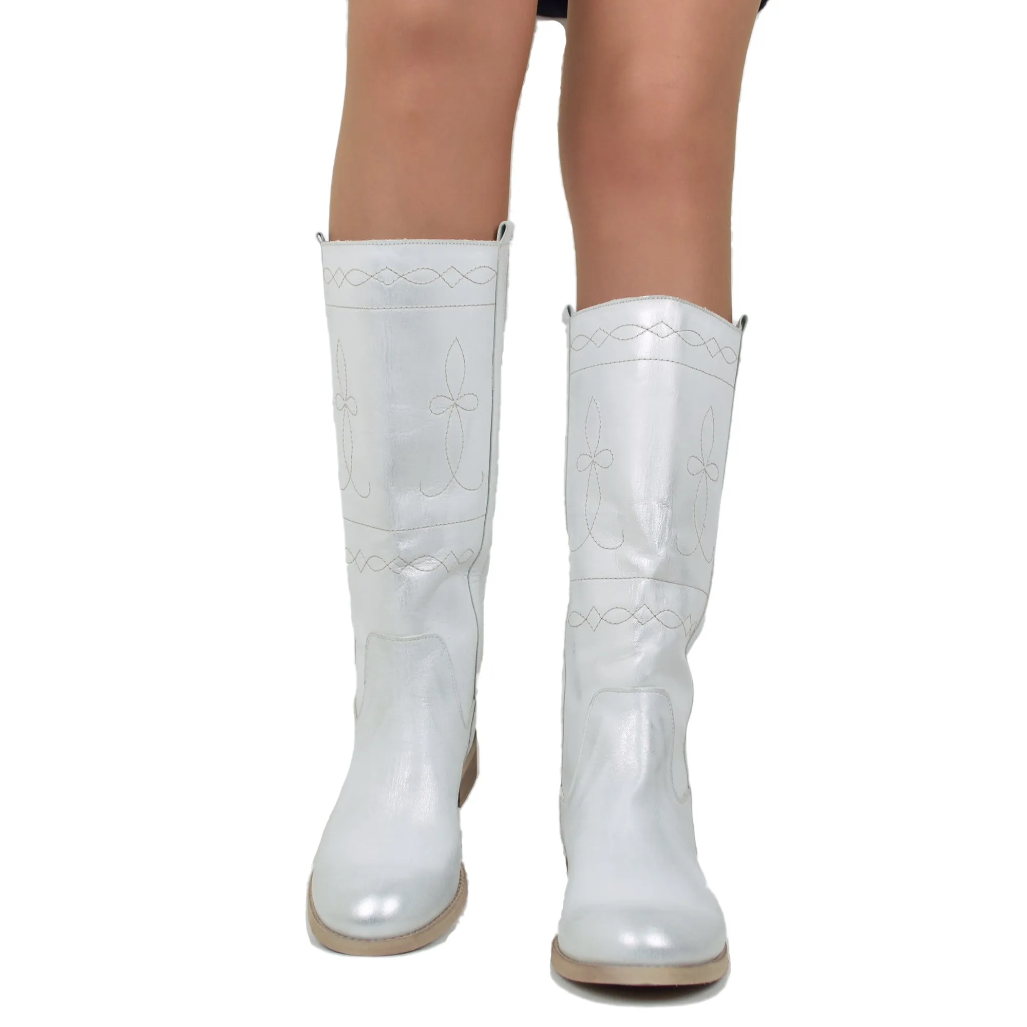 Stivali Camperos Donna in Pelle Laminata color Argento