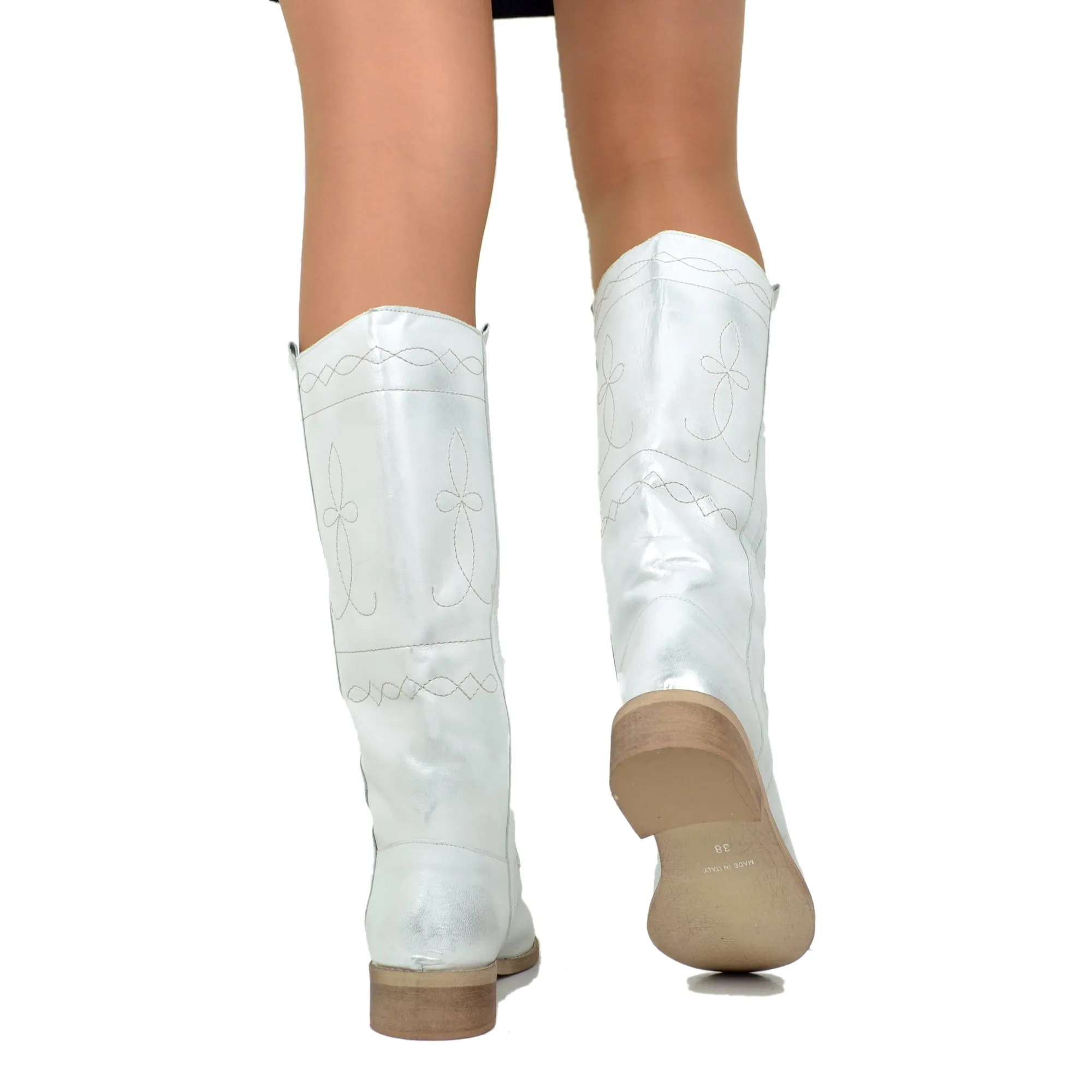 Stivali Camperos Donna in Pelle Laminata color Argento