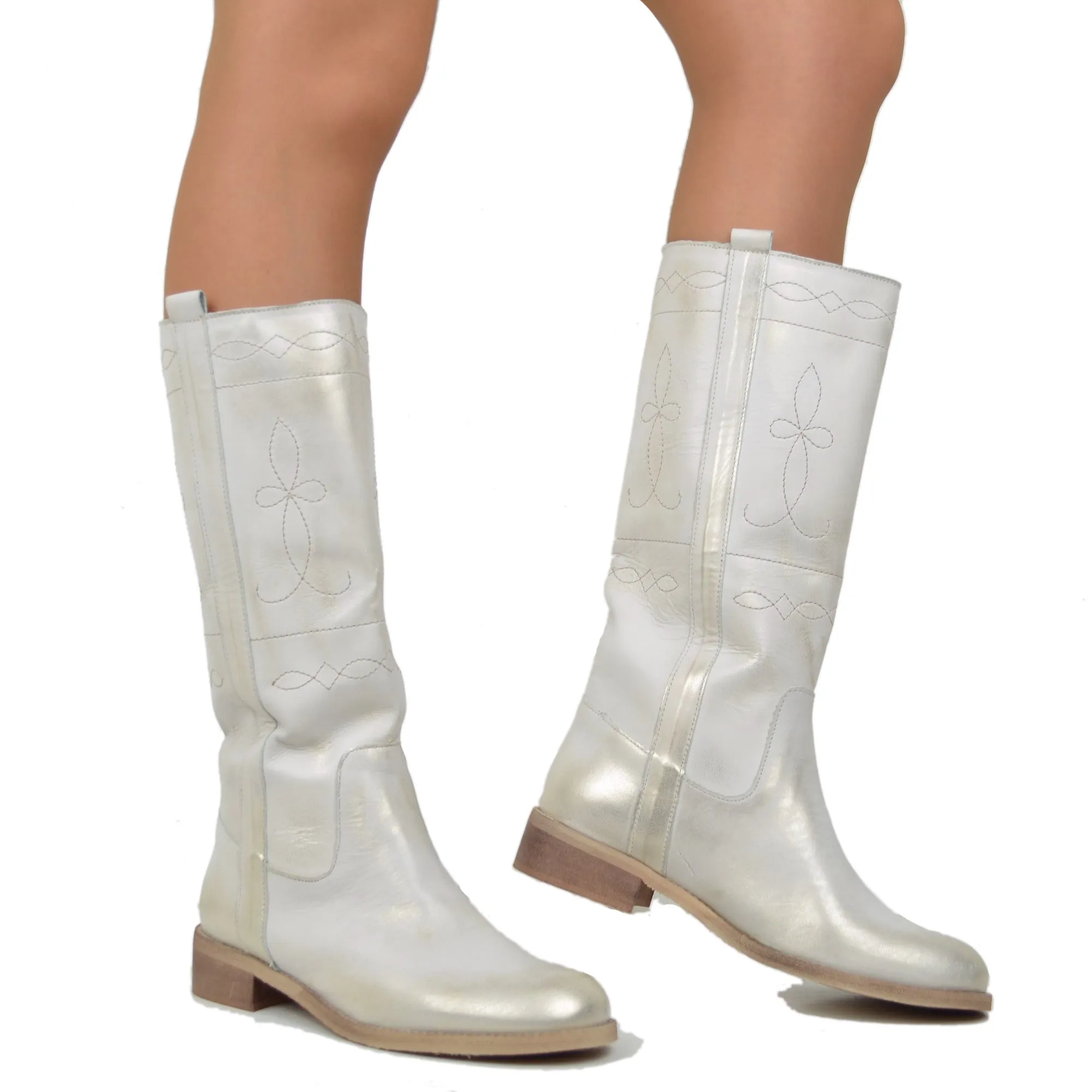 Stivali Camperos Donna in Pelle Laminata color Platino Made in Italy