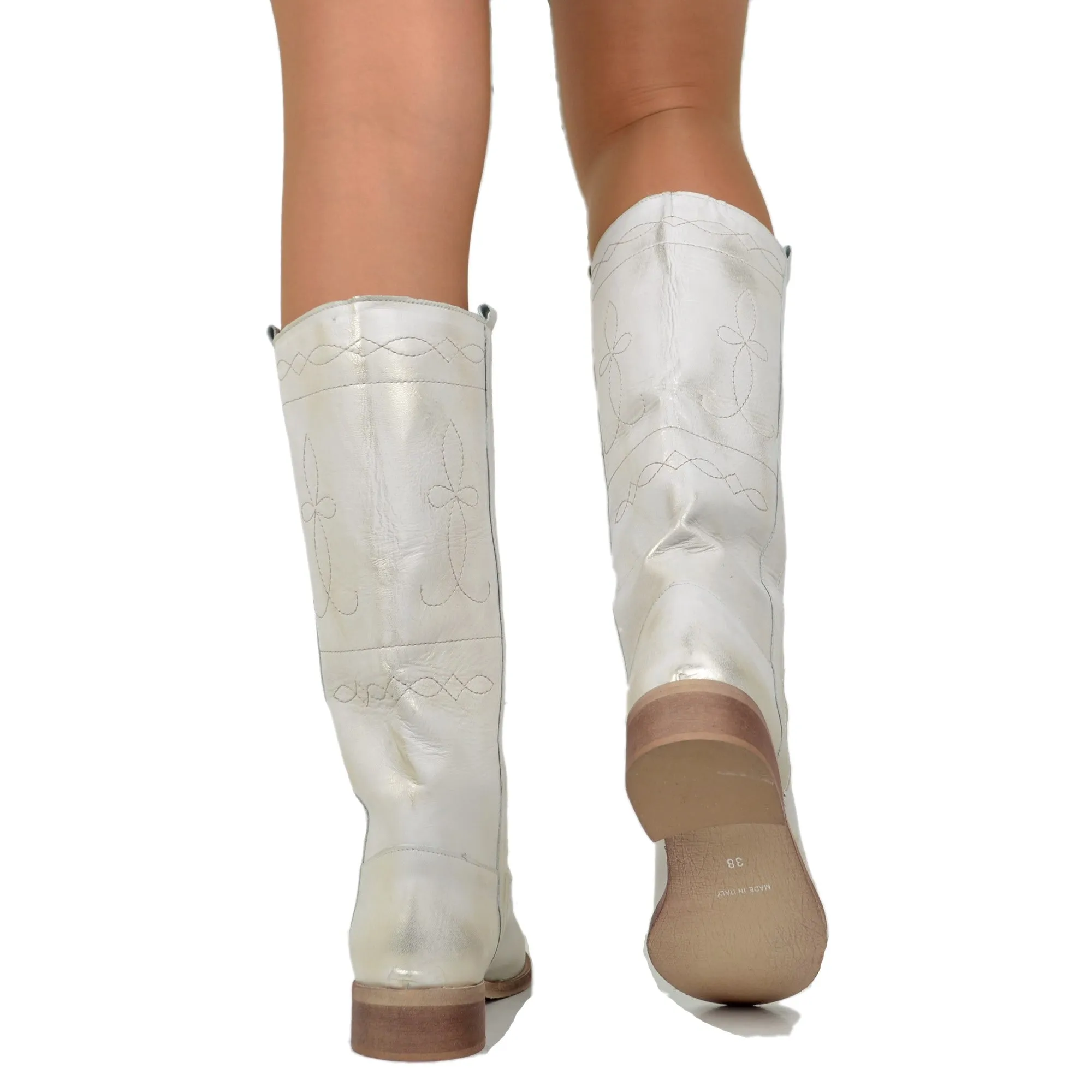 Stivali Camperos Donna in Pelle Laminata color Platino Made in Italy