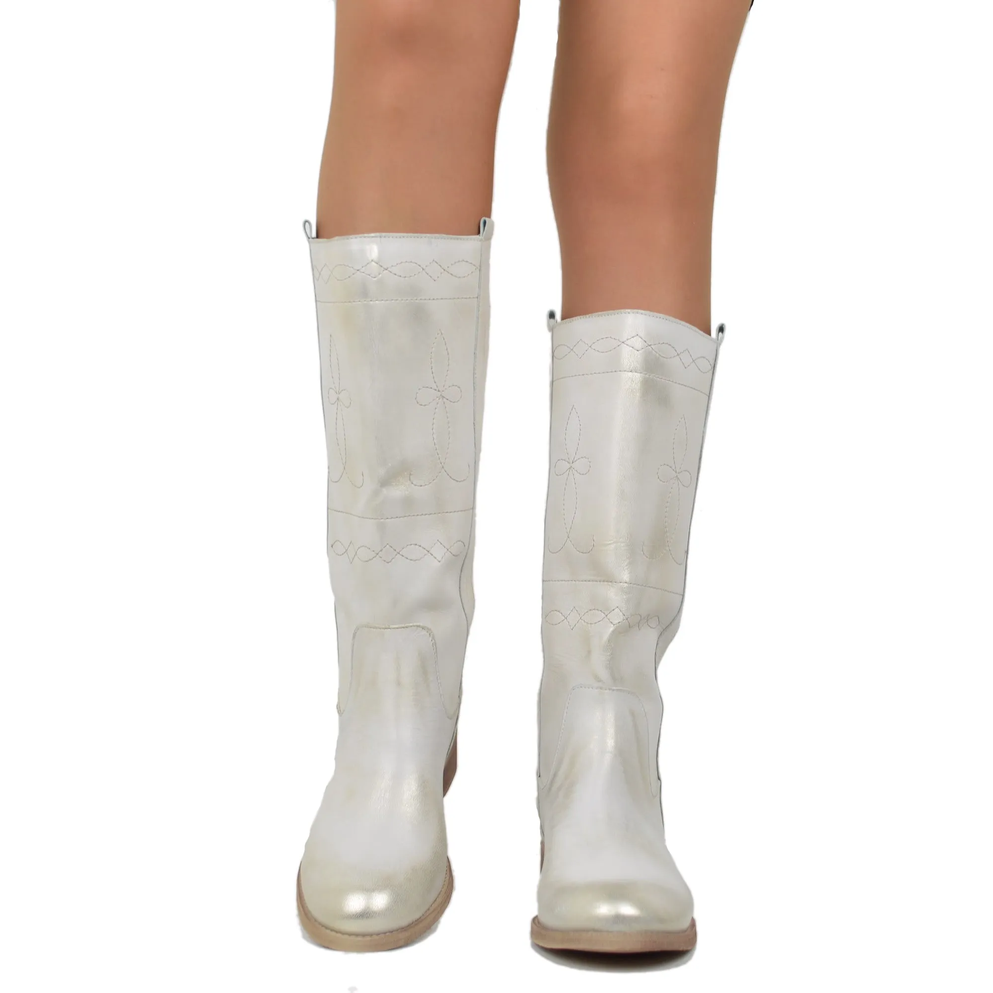 Stivali Camperos Donna in Pelle Laminata color Platino Made in Italy