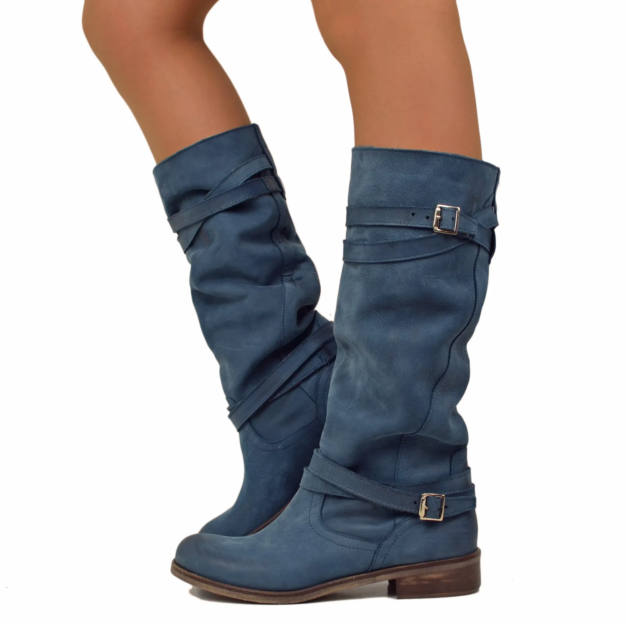 Stivali Donna Camperos Alti in Pelle Vintage Sfumata Jeans