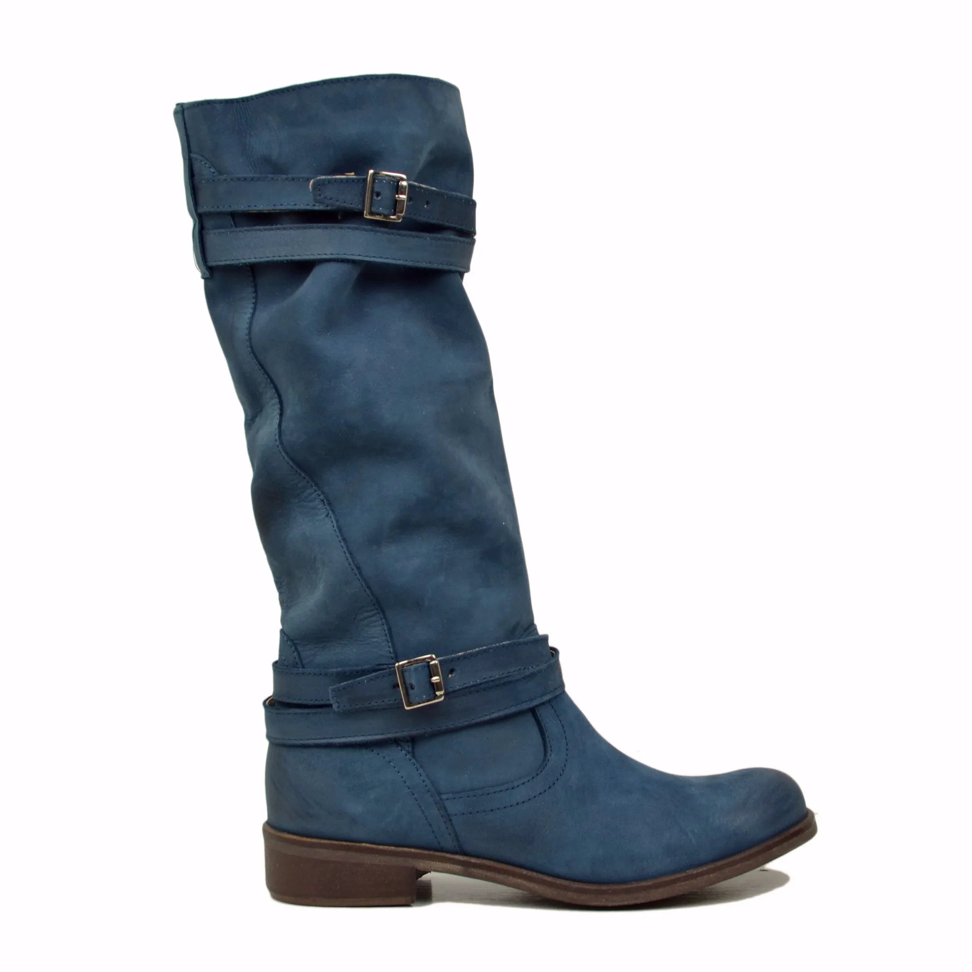 Stivali Donna Camperos Alti in Pelle Vintage Sfumata Jeans