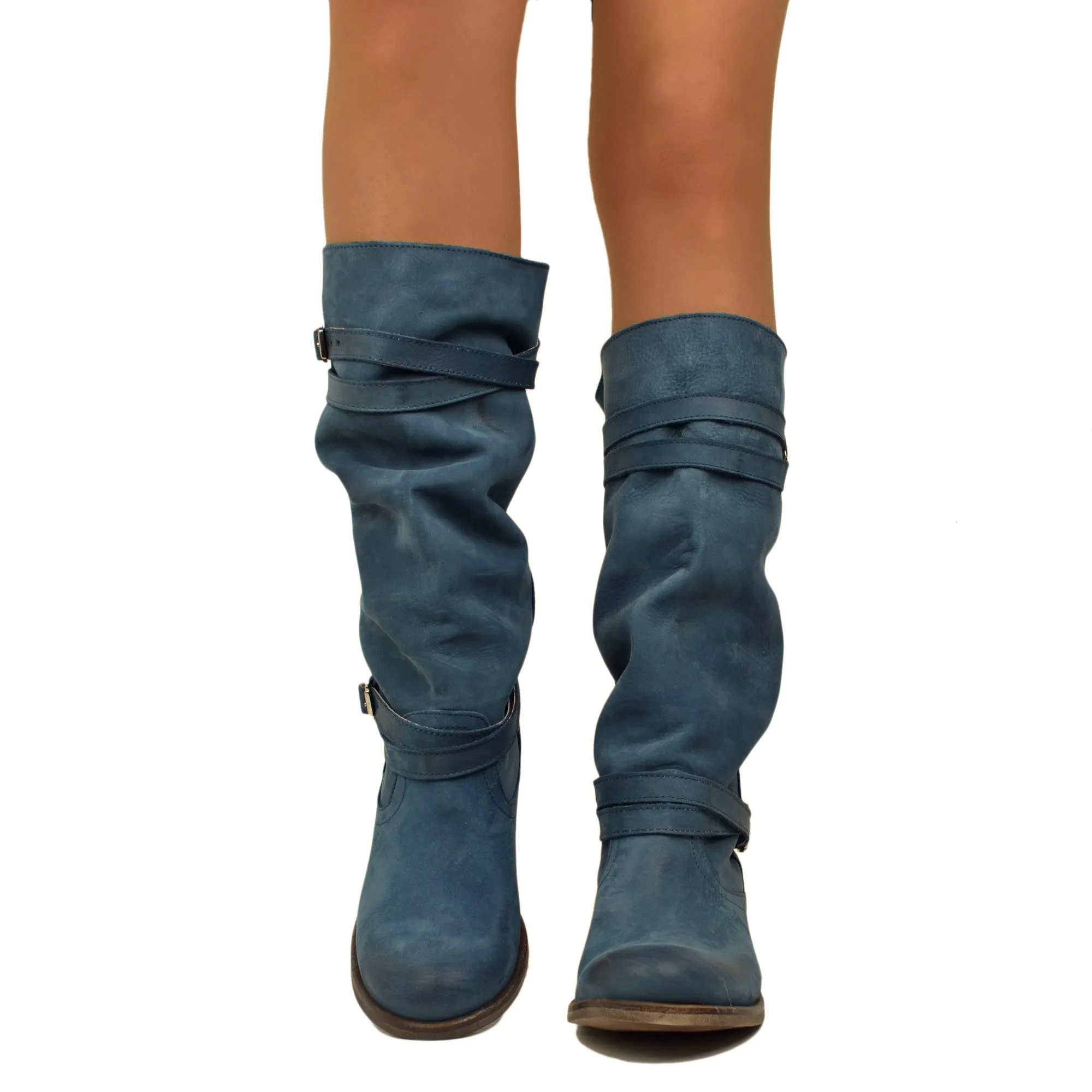 Stivali Donna Camperos Alti in Pelle Vintage Sfumata Jeans