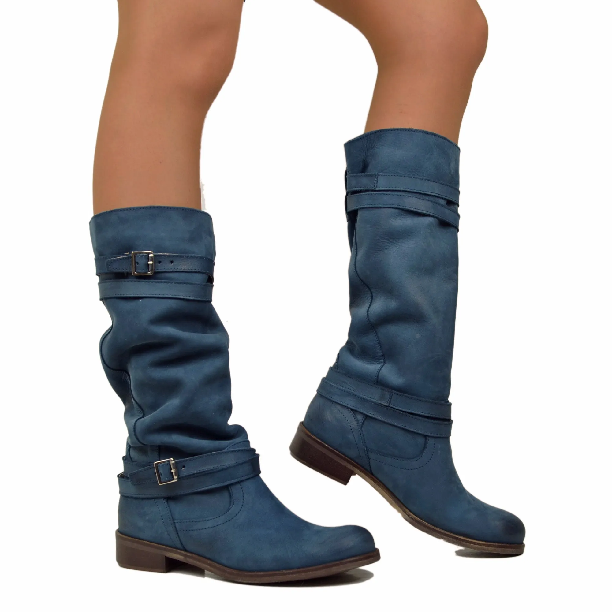 Stivali Donna Camperos Alti in Pelle Vintage Sfumata Jeans