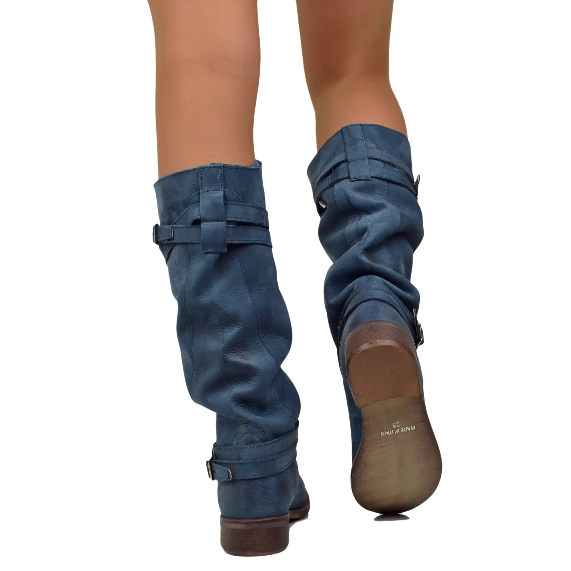 Stivali Donna Camperos Alti in Pelle Vintage Sfumata Jeans