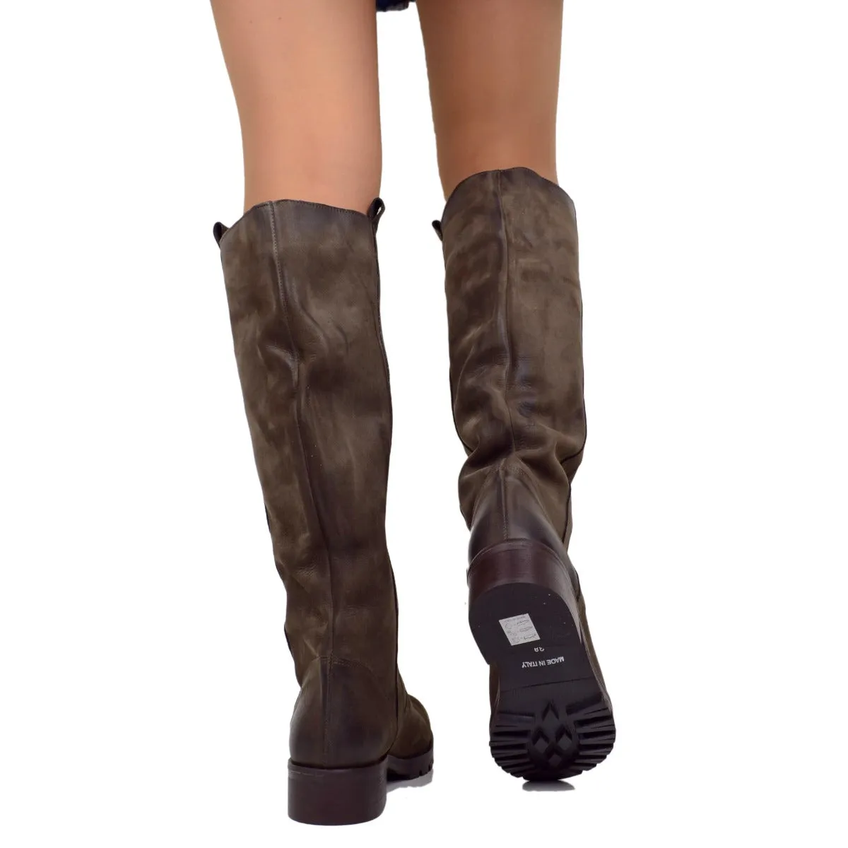 Stivali Donna in Pelle Nabuk Marrone Fondo in Gomma Made in Italy