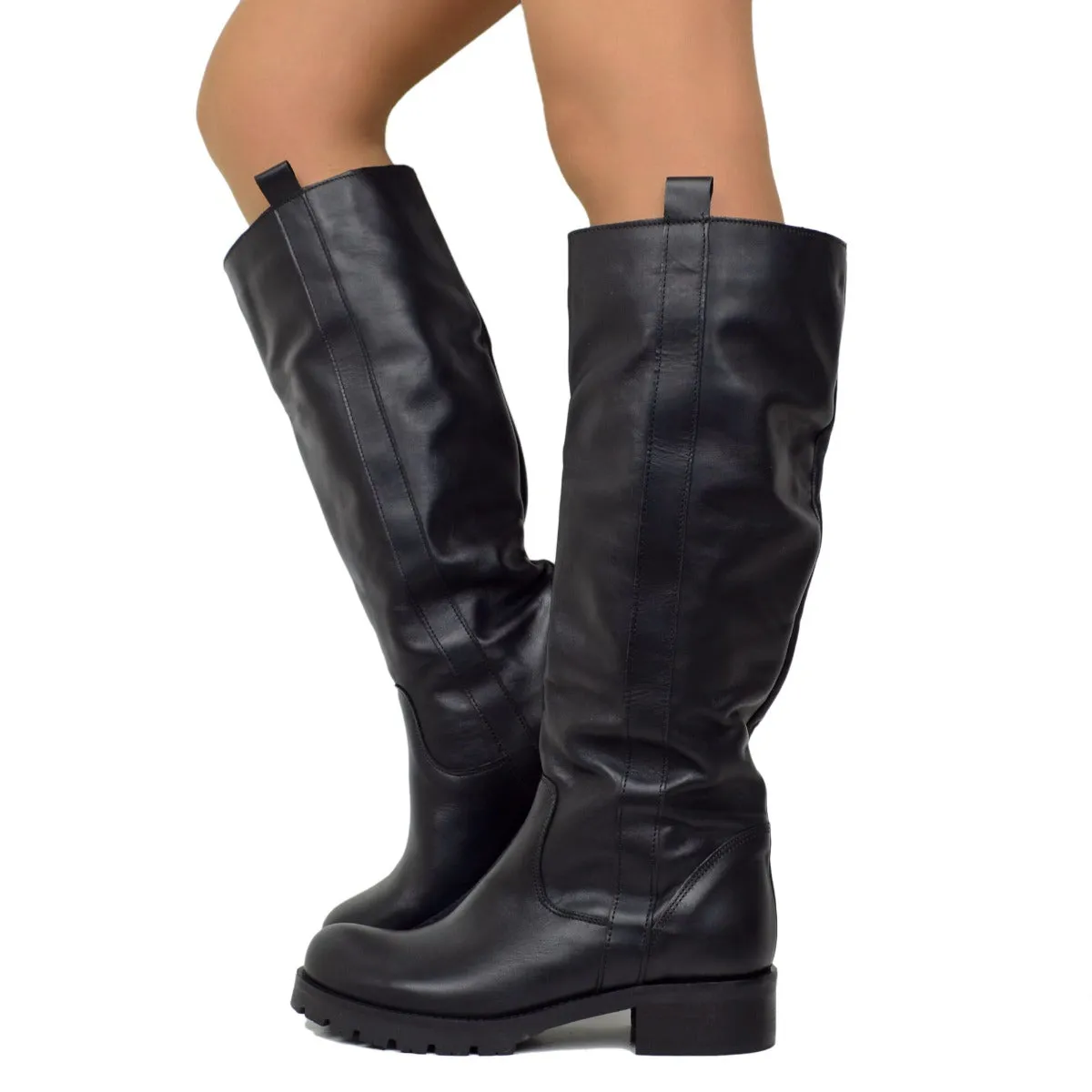 Stivali Donna in Pelle Neri Fondo in Gomma Made in Italy