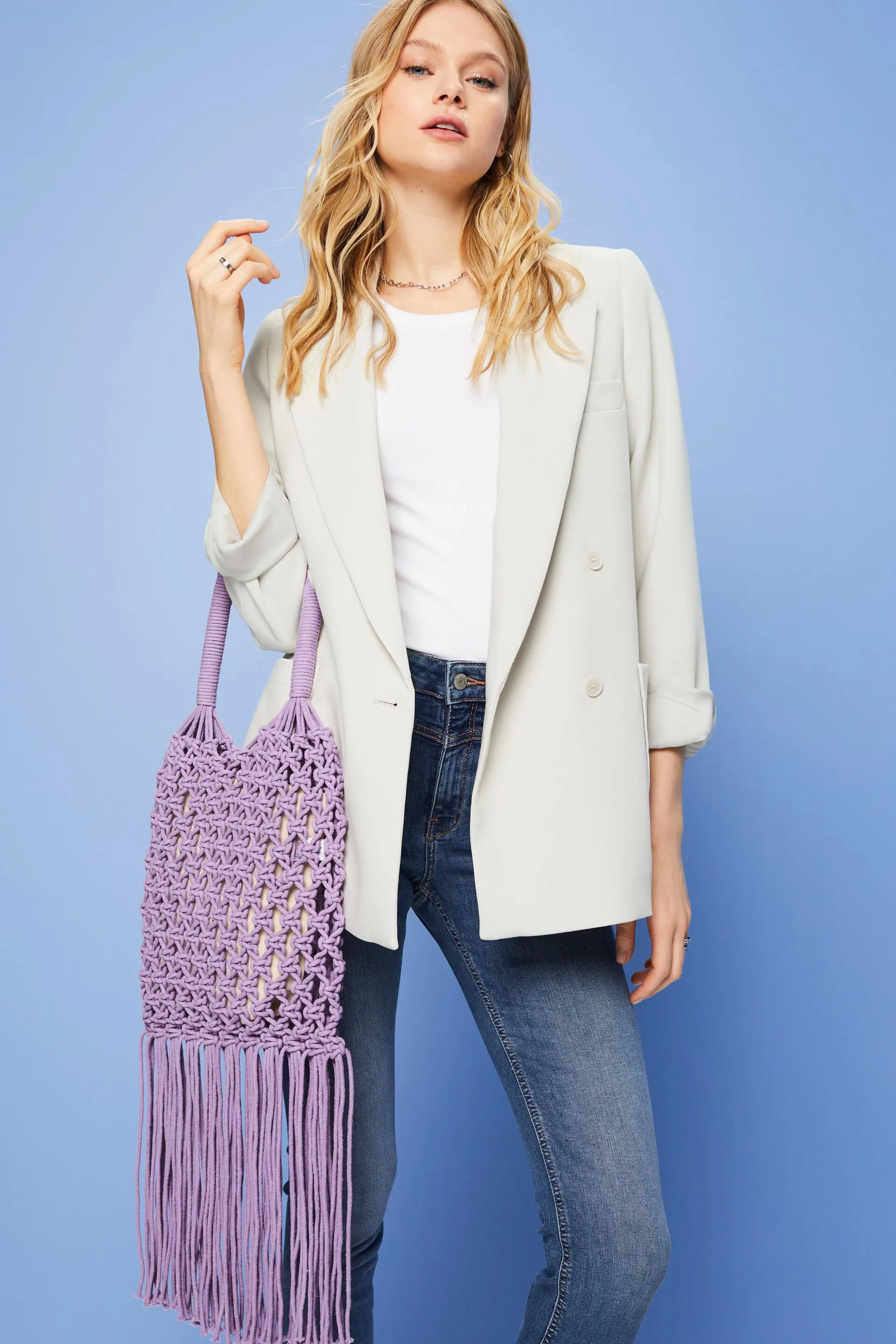 Tote bag a uncinetto a righe con nappe