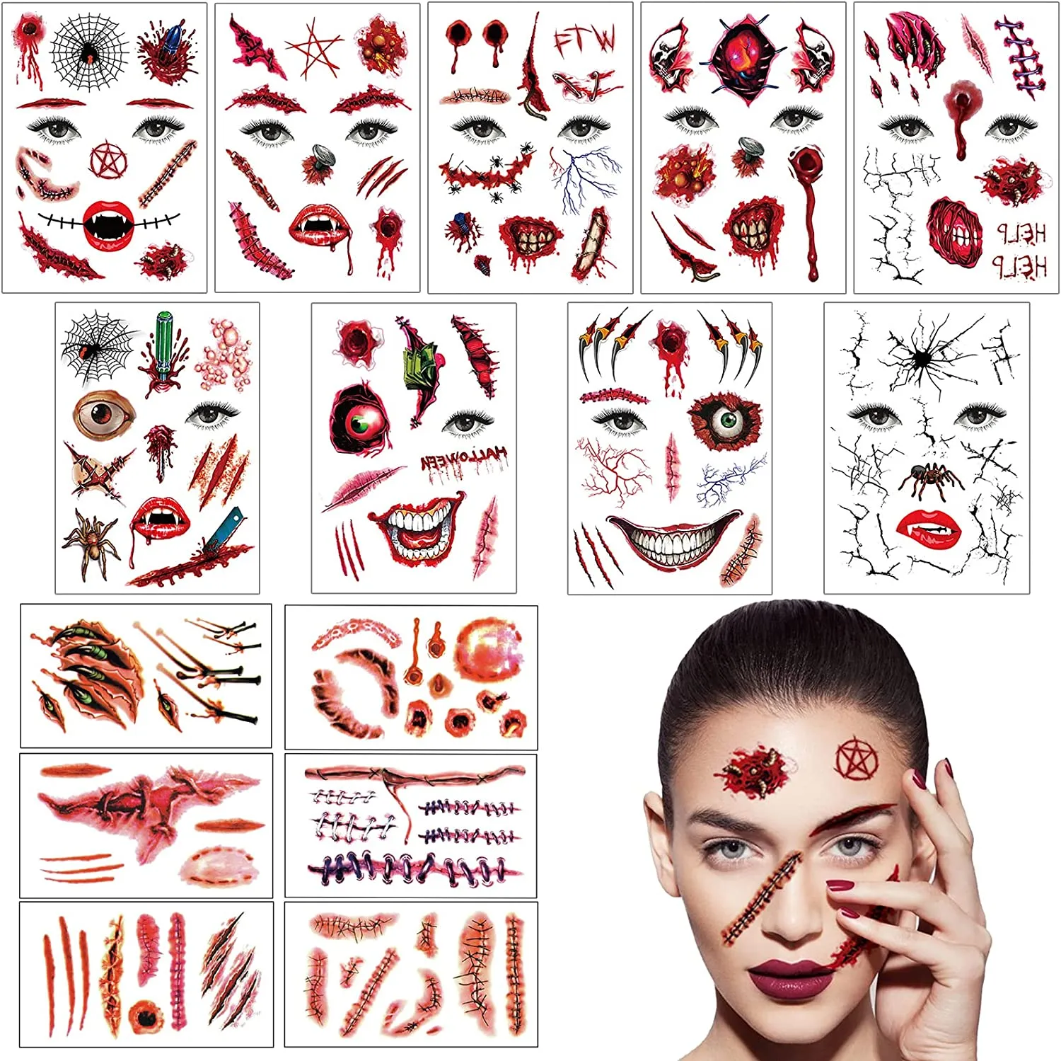 ZOCONE 15 Fogli Halloween Tatuaggi Temporanei Viso, Zombie Scab Sangue Cicatrici Finte Ferite Finte Tatuaggi di Halloween Adesiv