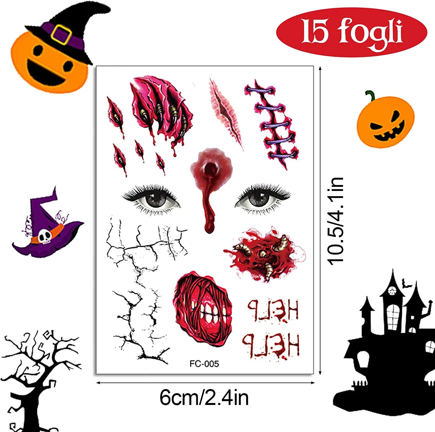 ZOCONE 15 Fogli Halloween Tatuaggi Temporanei Viso, Zombie Scab Sangue Cicatrici Finte Ferite Finte Tatuaggi di Halloween Adesiv