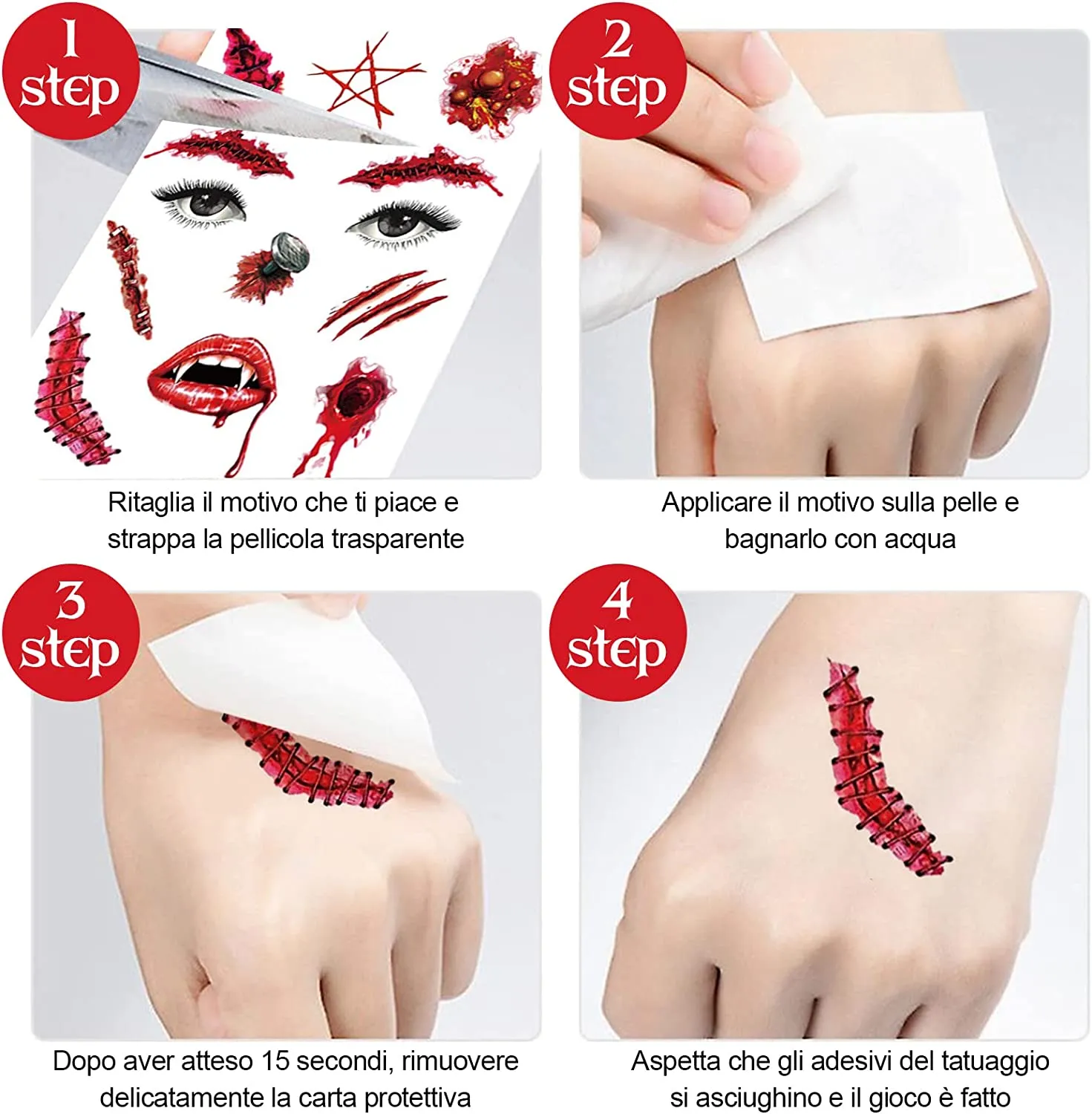 ZOCONE 15 Fogli Halloween Tatuaggi Temporanei Viso, Zombie Scab Sangue Cicatrici Finte Ferite Finte Tatuaggi di Halloween Adesiv